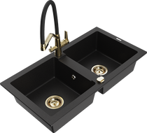 Mexen Mario zlewozmywak granitowy 2-komorowy z baterią kuchenną Duo, czarny - 6504-77-671701-57-G