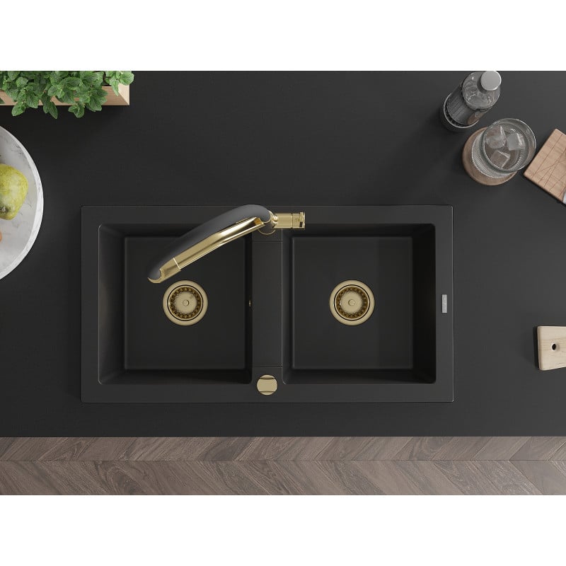 Mexen Mario zlewozmywak granitowy 2-komorowy z baterią kuchenną Duo, czarny - 6504-77-671701-57-G