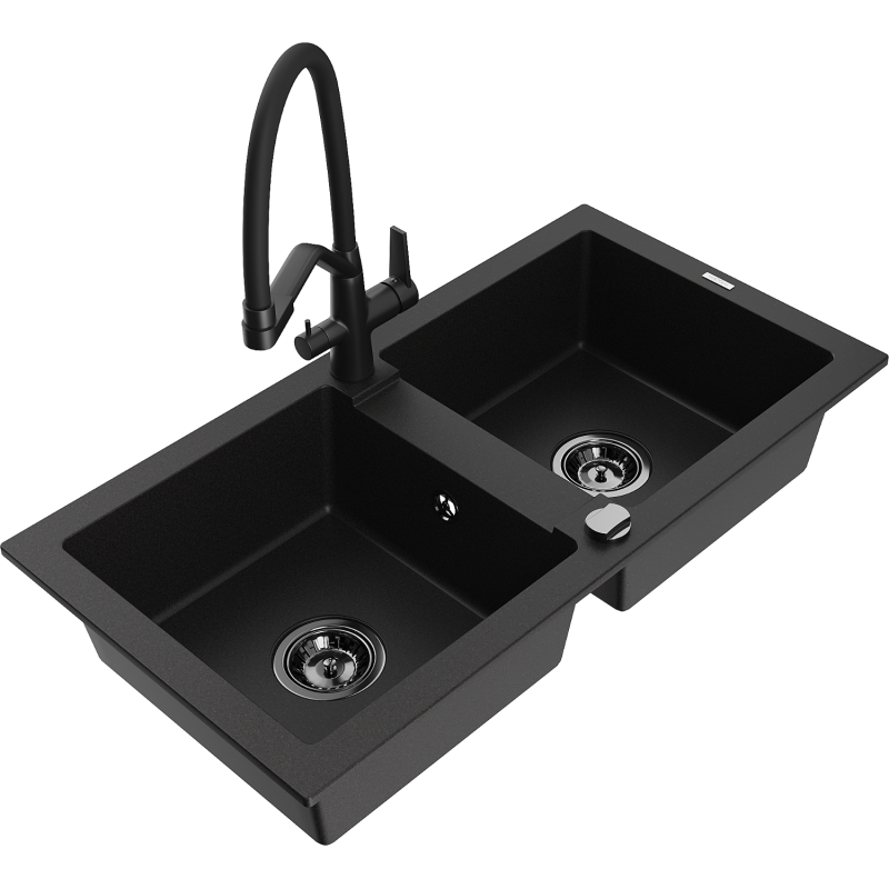 Mexen Mario zlewozmywak granitowy 2-komorowy z baterią kuchenną Duo, czarny - 6504-77-671701-70-B