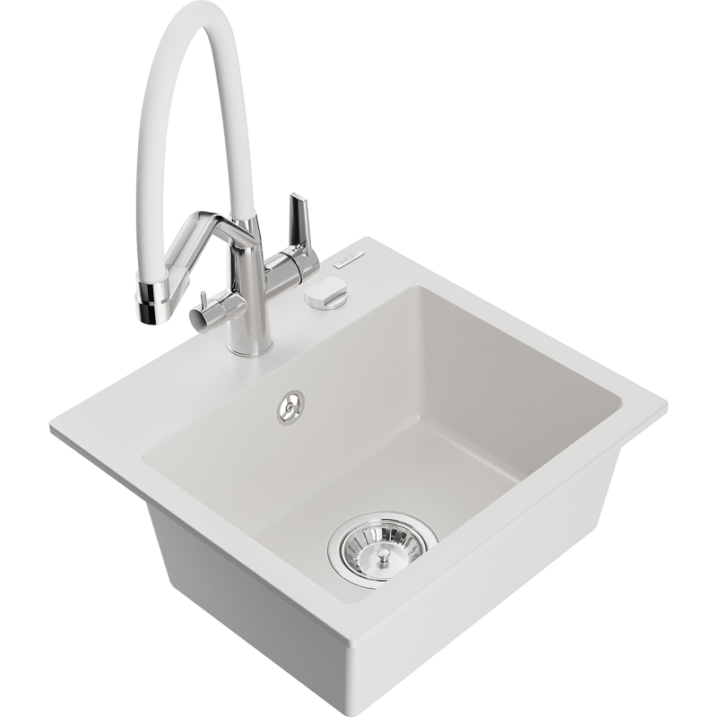 Mexen Milo zlewozmywak granitowy 1-komorowy z baterią kuchenną Duo, biały - 6505-20-671701-02