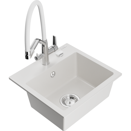 Mexen Milo zlewozmywak granitowy 1-komorowy z baterią kuchenną Duo, biały - 6505-20-671701-02