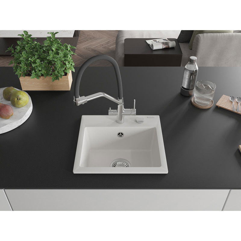Mexen Milo zlewozmywak granitowy 1-komorowy z baterią kuchenną Duo, biały - 6505-20-671701-07