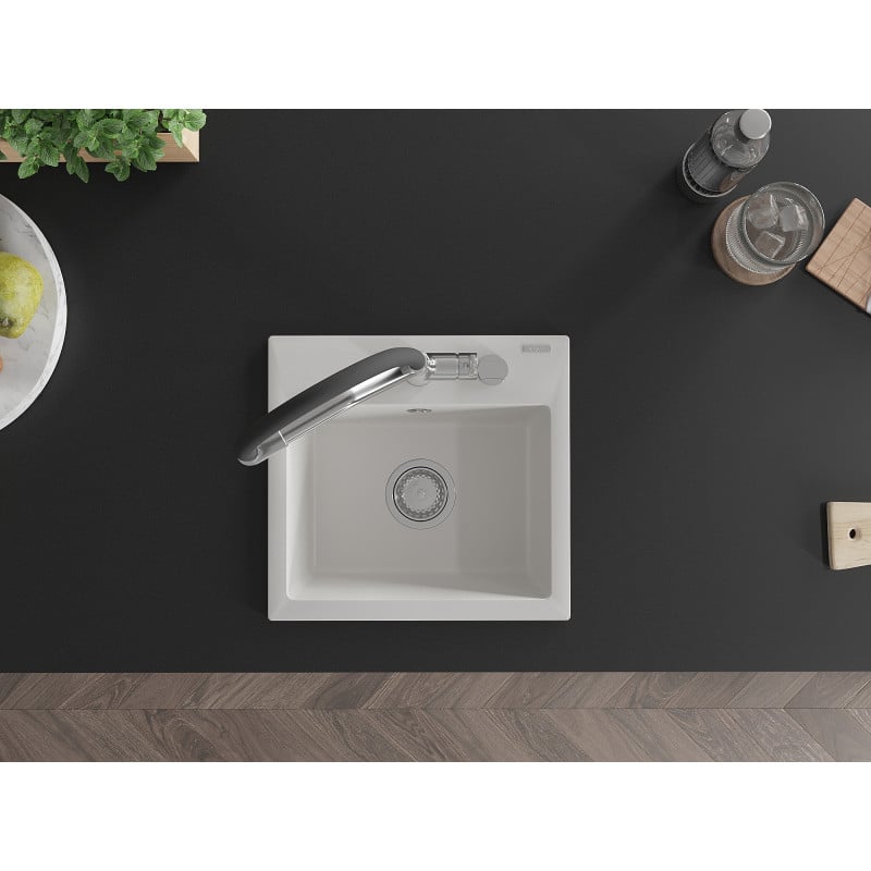 Mexen Milo zlewozmywak granitowy 1-komorowy z baterią kuchenną Duo, biały - 6505-20-671701-07
