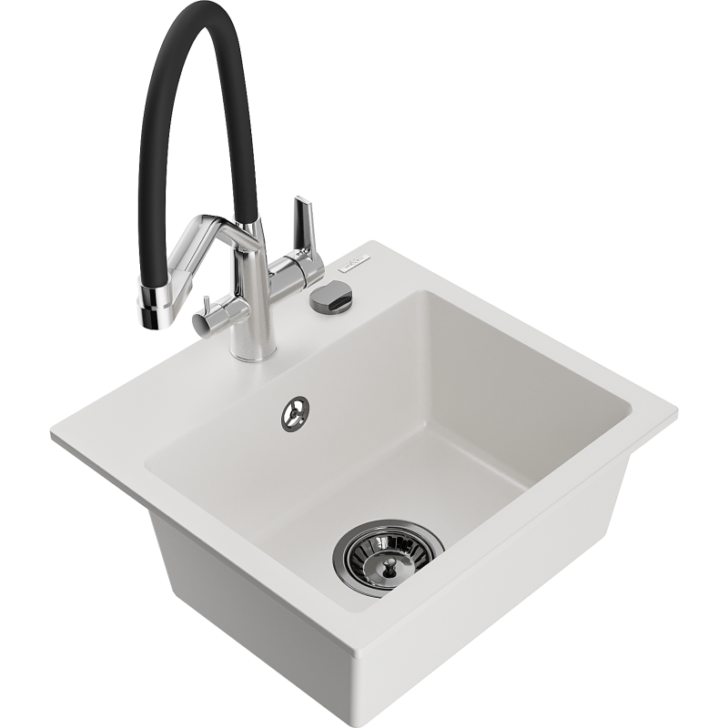 Mexen Milo zlewozmywak granitowy 1-komorowy z baterią kuchenną Duo, biały - 6505-20-671701-07-B