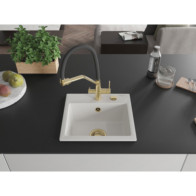 Mexen Milo zlewozmywak granitowy 1-komorowy z baterią kuchenną Duo, biały - 6505-20-671701-57-G