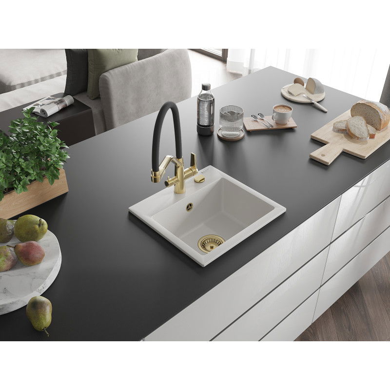 Mexen Milo zlewozmywak granitowy 1-komorowy z baterią kuchenną Duo, biały - 6505-20-671701-57-G