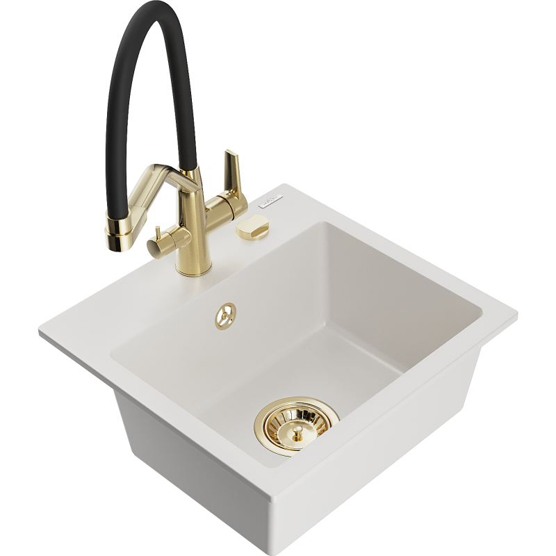 Mexen Milo zlewozmywak granitowy 1-komorowy z baterią kuchenną Duo, biały - 6505-20-671701-57-G