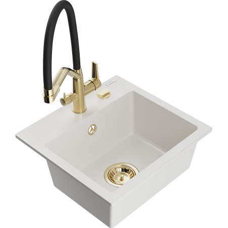 Mexen Milo zlewozmywak granitowy 1-komorowy z baterią kuchenną Duo, biały - 6505-20-671701-57-G