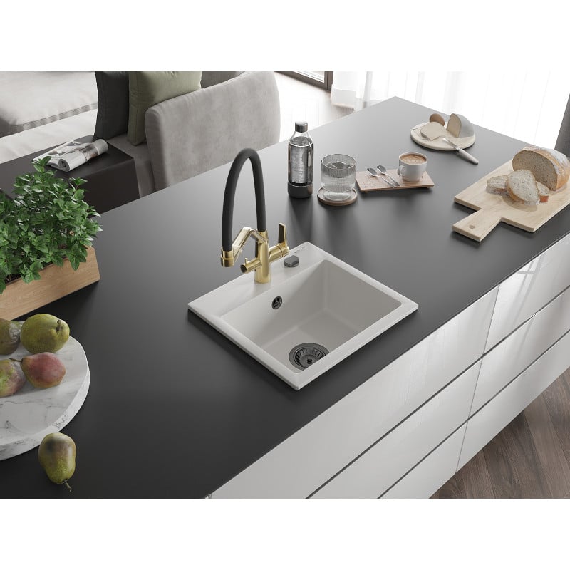 Mexen Milo zlewozmywak granitowy 1-komorowy z baterią kuchenną Duo, biały - 6505-20-671701-57-B