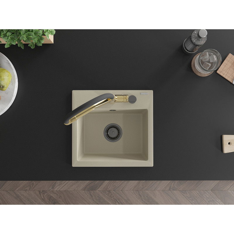 Mexen Milo zlewozmywak granitowy 1-komorowy z baterią kuchenną Duo, beżowy - 6505-69-671701-57-B