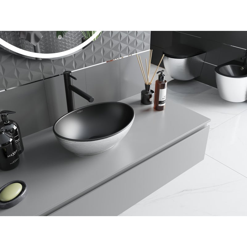 Mexen Elza umywalka nablatowa 40 x 33 cm, czarna mat/srebrna wzór linie - 21014023