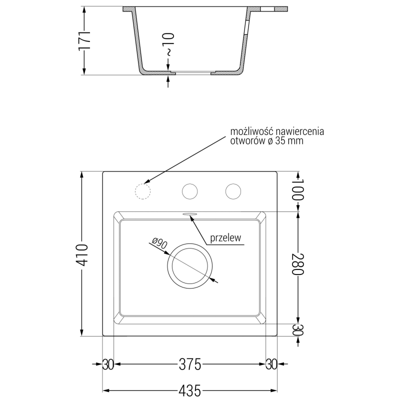Mexen Milo zlewozmywak granitowy 1-komorowy z baterią kuchenną Duo, czarny/złoty metalik - 6505-75-671701-07