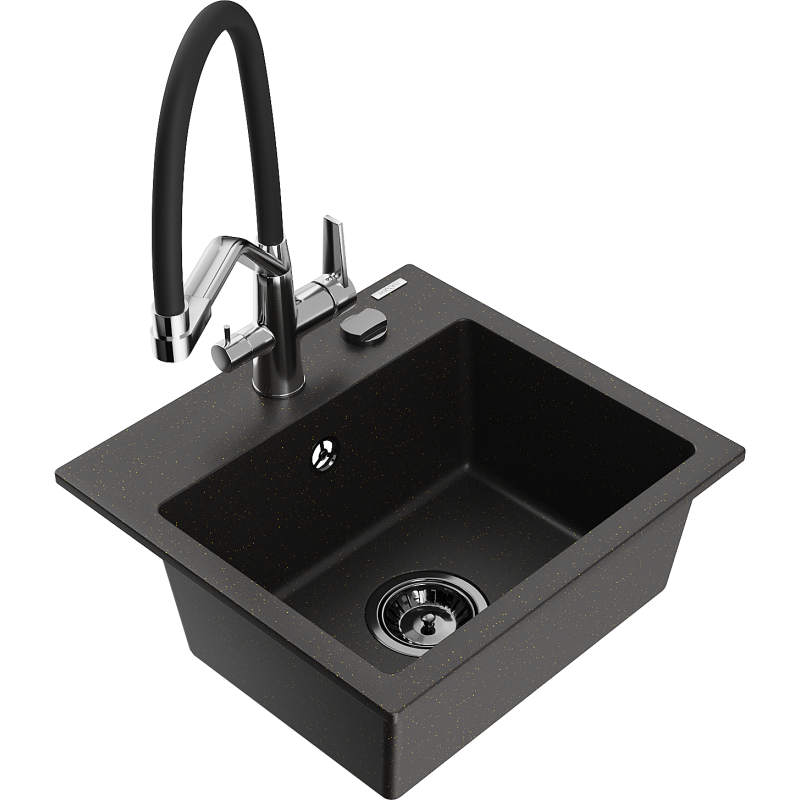 Mexen Milo zlewozmywak granitowy 1-komorowy z baterią kuchenną Duo, czarny/złoty metalik - 6505-75-671701-07-B