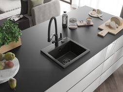 Mexen Milo zlewozmywak granitowy 1-komorowy z baterią kuchenną Duo, czarny/złoty metalik - 6505-75-671701-70-B