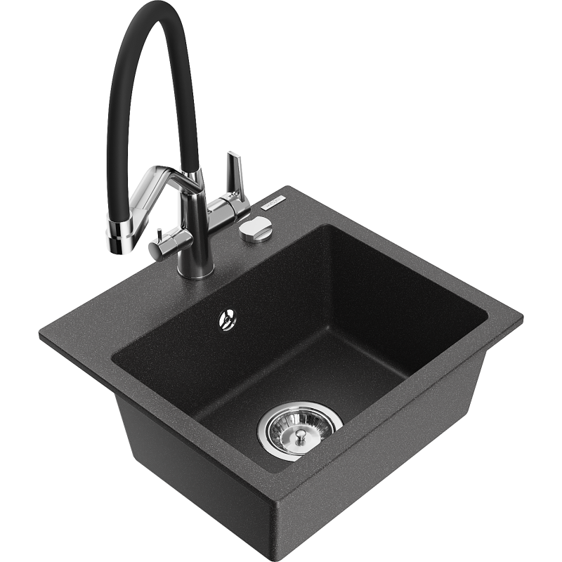 Mexen Milo zlewozmywak granitowy 1-komorowy z baterią kuchenną Duo, czarny nakrapiany - 6505-76-671701-07