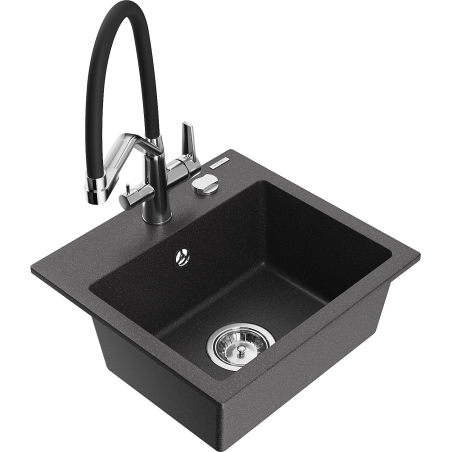 Mexen Milo zlewozmywak granitowy 1-komorowy z baterią kuchenną Duo, czarny nakrapiany - 6505-76-671701-07