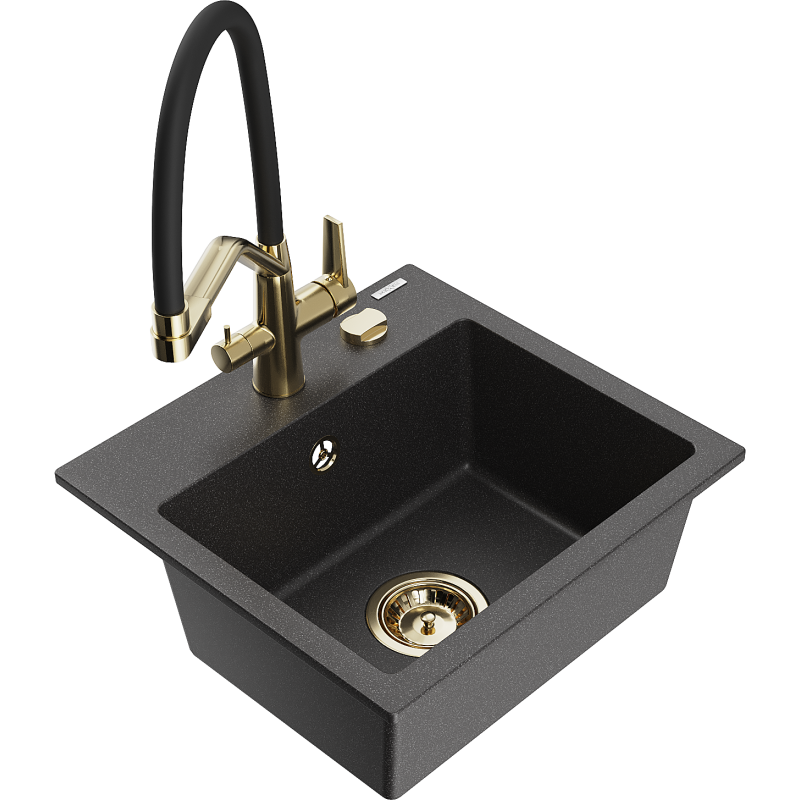 Mexen Milo zlewozmywak granitowy 1-komorowy z baterią kuchenną Duo, czarny nakrapiany - 6505-76-671701-57-G