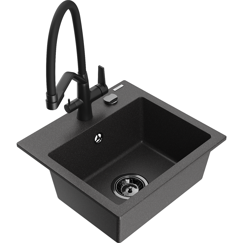 Mexen Milo zlewozmywak granitowy 1-komorowy z baterią kuchenną Duo, czarny nakrapiany - 6505-76-671701-70-B