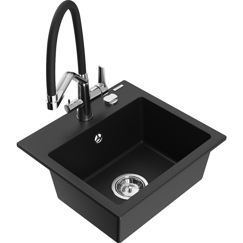 Mexen Milo zlewozmywak granitowy 1-komorowy z baterią kuchenną Duo, czarny - 6505-77-671701-07