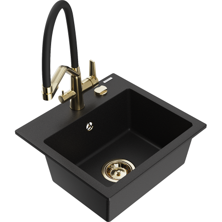 Mexen Milo zlewozmywak granitowy 1-komorowy z baterią kuchenną Duo, czarny - 6505-77-671701-57-G