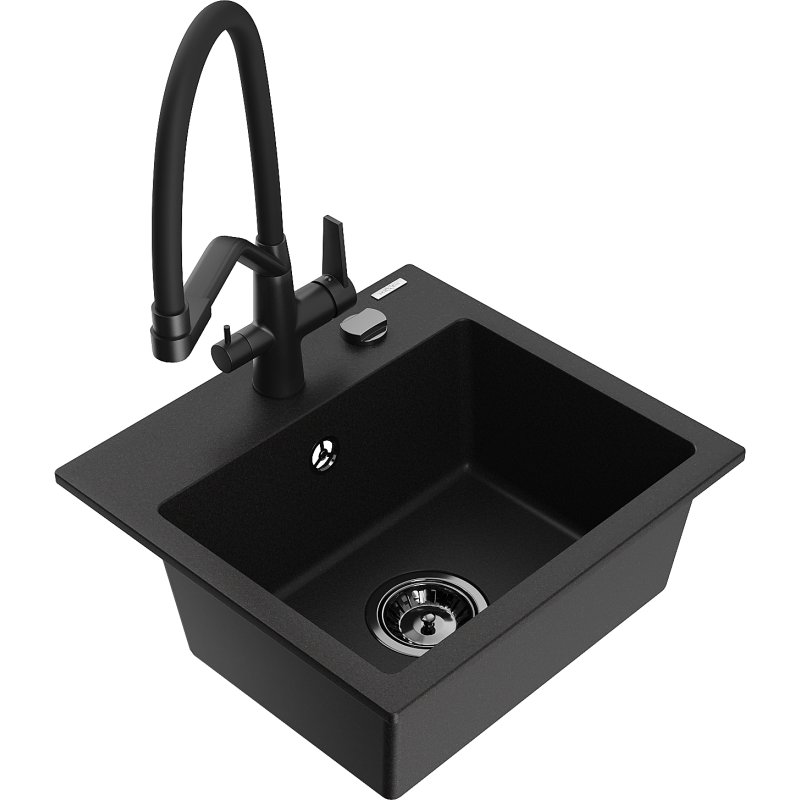 Mexen Milo zlewozmywak granitowy 1-komorowy z baterią kuchenną Duo, czarny - 6505-77-671701-70-B