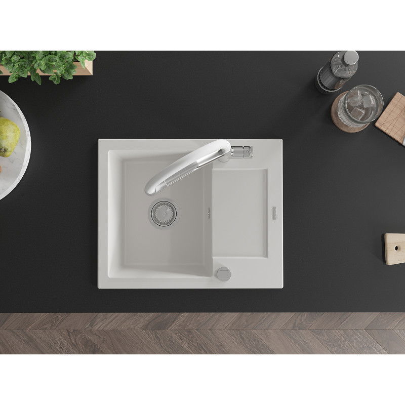 Mexen Enzo zlewozmywak granitowy 1-komorowy z ociekaczem i baterią kuchenną Duo, biały - 6506-20-671701-02