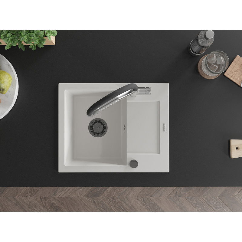 Mexen Enzo zlewozmywak granitowy 1-komorowy z ociekaczem i baterią kuchenną Duo, biały - 6506-20-671701-07-B