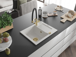 Mexen Enzo zlewozmywak granitowy 1-komorowy z ociekaczem i baterią kuchenną Duo, biały - 6506-20-671701-57-G