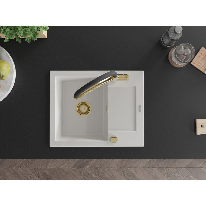 Mexen Enzo zlewozmywak granitowy 1-komorowy z ociekaczem i baterią kuchenną Duo, biały - 6506-20-671701-57-G