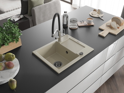 Mexen Enzo zlewozmywak granitowy 1-komorowy z ociekaczem i baterią kuchenną Duo, beżowy - 6506-69-671701-07-B
