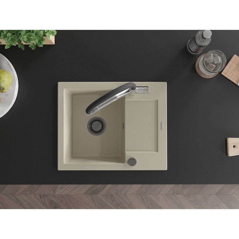 Mexen Enzo zlewozmywak granitowy 1-komorowy z ociekaczem i baterią kuchenną Duo, beżowy - 6506-69-671701-07-B