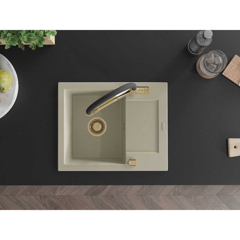 Mexen Enzo zlewozmywak granitowy 1-komorowy z ociekaczem i baterią kuchenną Duo, beżowy - 6506-69-671701-57-G