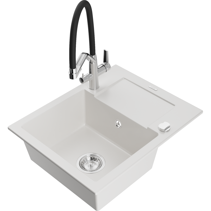 Mexen Enzo zlewozmywak granitowy 1-komorowy z ociekaczem i baterią kuchenną Duo, biały - 6506-20-671701-07