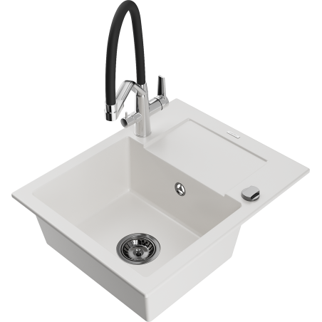 Mexen Enzo zlewozmywak granitowy 1-komorowy z ociekaczem i baterią kuchenną Duo, biały - 6506-20-671701-07-B