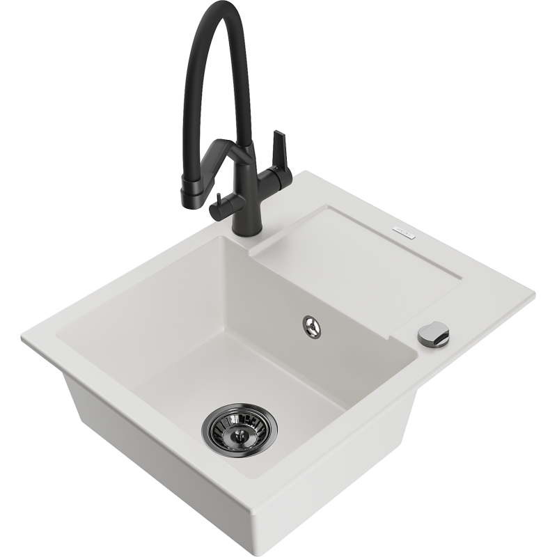 Mexen Enzo zlewozmywak granitowy 1-komorowy z ociekaczem i baterią kuchenną Duo, biały - 6506-20-671701-70-B