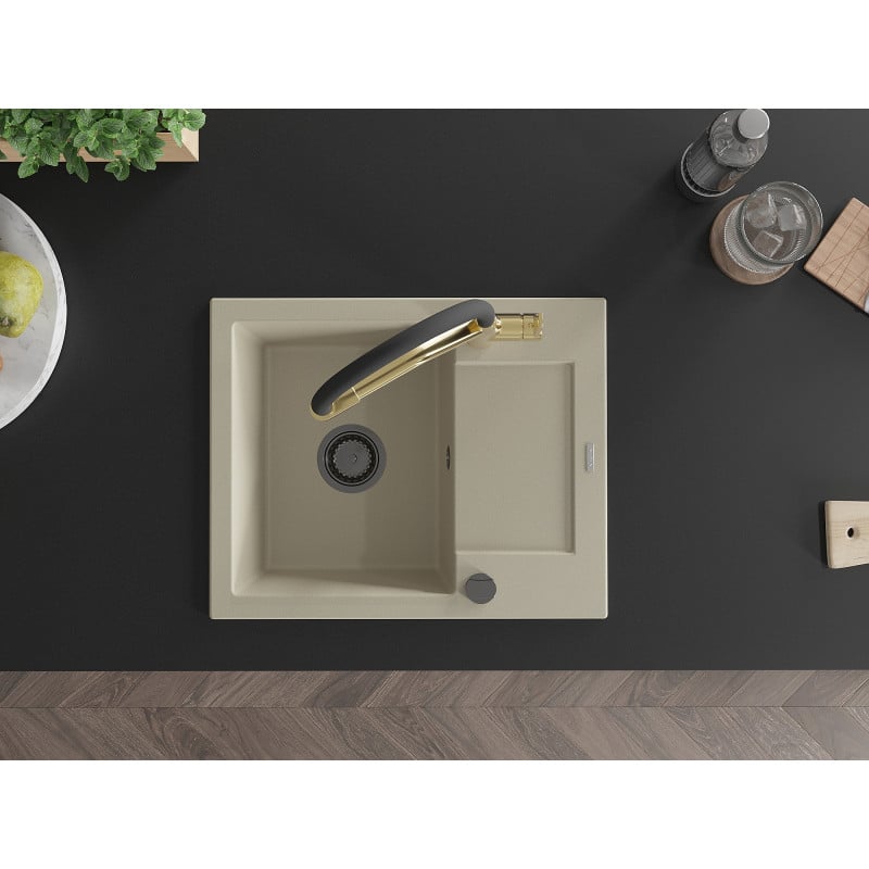 Mexen Enzo zlewozmywak granitowy 1-komorowy z ociekaczem i baterią kuchenną Duo, beżowy - 6506-69-671701-57-B