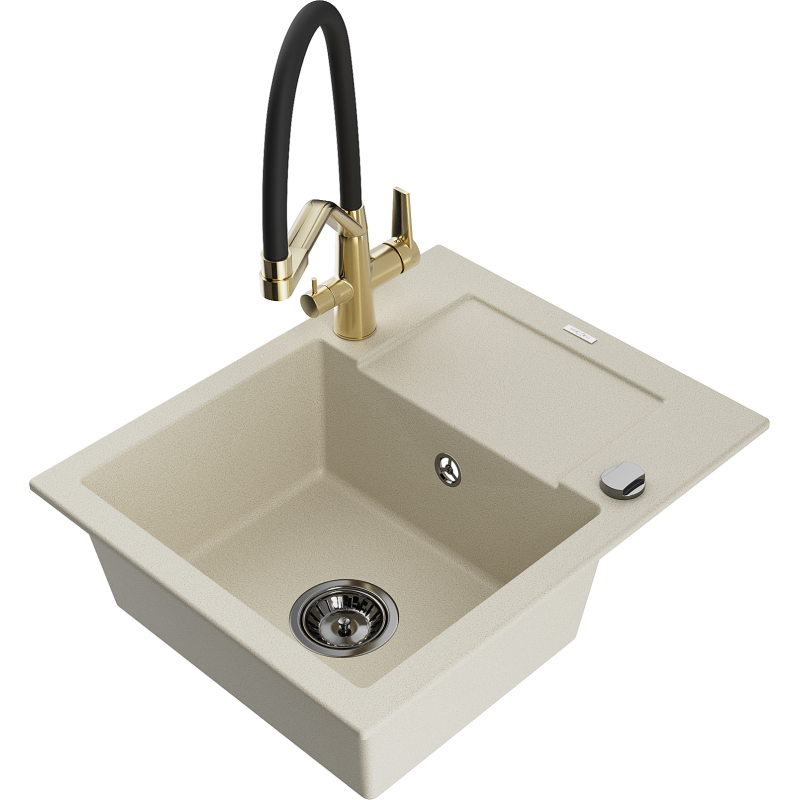 Mexen Enzo zlewozmywak granitowy 1-komorowy z ociekaczem i baterią kuchenną Duo, beżowy - 6506-69-671701-57-B