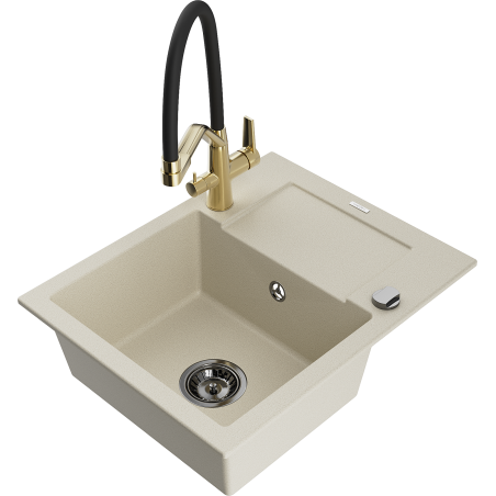 Mexen Enzo zlewozmywak granitowy 1-komorowy z ociekaczem i baterią kuchenną Duo, beżowy - 6506-69-671701-57-B
