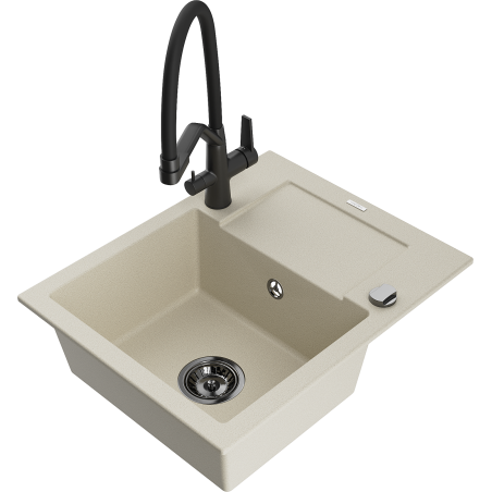 Mexen Enzo zlewozmywak granitowy 1-komorowy z ociekaczem i baterią kuchenną Duo, beżowy - 6506-69-671701-70-B