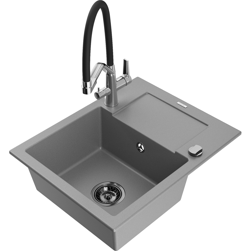 Mexen Enzo zlewozmywak granitowy 1-komorowy z ociekaczem i baterią kuchenną Duo, szary - 6506-71-671701-07-B