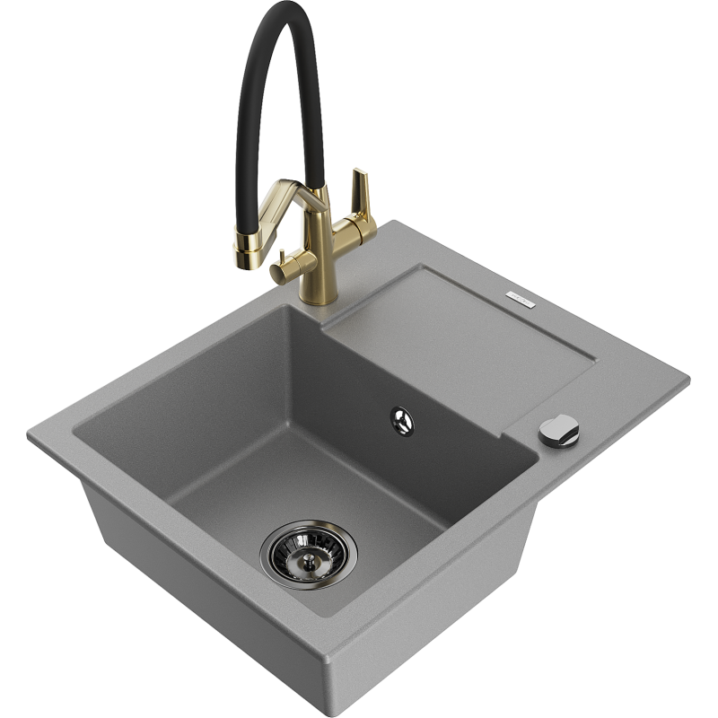 Mexen Enzo zlewozmywak granitowy 1-komorowy z ociekaczem i baterią kuchenną Duo, szary - 6506-71-671701-57-B