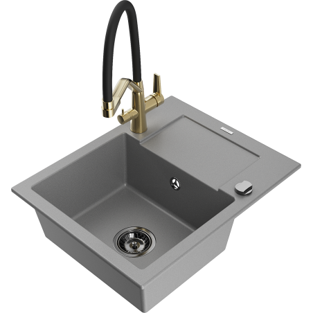 Mexen Enzo zlewozmywak granitowy 1-komorowy z ociekaczem i baterią kuchenną Duo, szary - 6506-71-671701-57-B