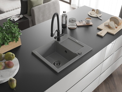 Mexen Enzo zlewozmywak granitowy 1-komorowy z ociekaczem i baterią kuchenną Duo, szary - 6506-71-671701-70-B