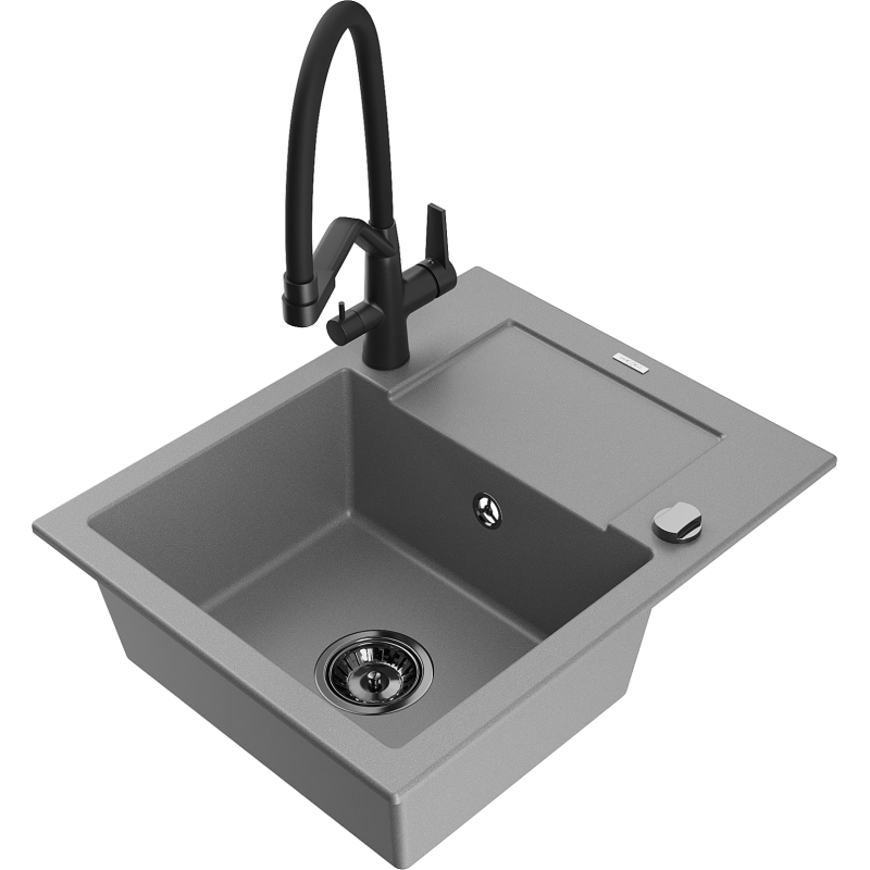 Mexen Enzo zlewozmywak granitowy 1-komorowy z ociekaczem i baterią kuchenną Duo, szary - 6506-71-671701-70-B