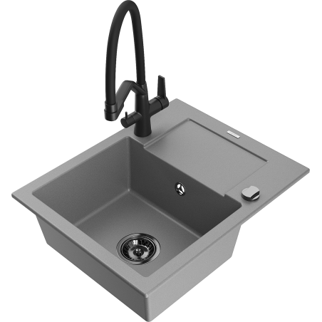 Mexen Enzo zlewozmywak granitowy 1-komorowy z ociekaczem i baterią kuchenną Duo, szary - 6506-71-671701-70-B