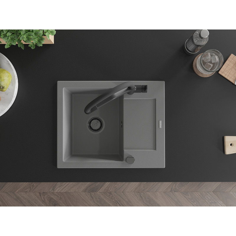 Mexen Enzo zlewozmywak granitowy 1-komorowy z ociekaczem i baterią kuchenną Duo, szary - 6506-71-671701-70-B