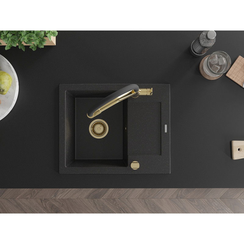 Mexen Enzo zlewozmywak granitowy 1-komorowy z ociekaczem i baterią kuchenną Duo, czarny/srebrny metalik - 6506-73-671701-57-G