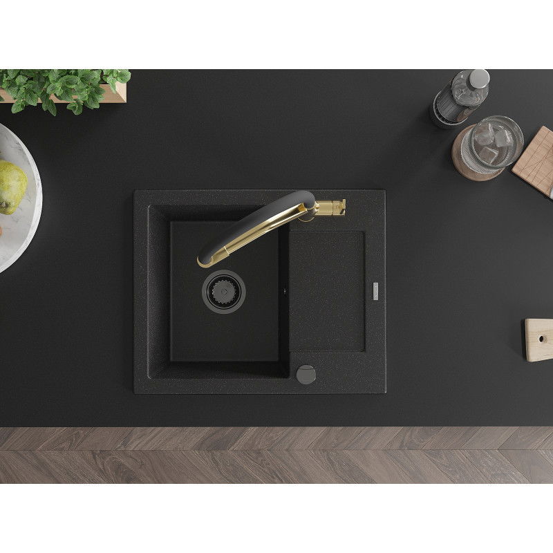 Mexen Enzo zlewozmywak granitowy 1-komorowy z ociekaczem i baterią kuchenną Duo, czarny/srebrny metalik - 6506-73-671701-57-B