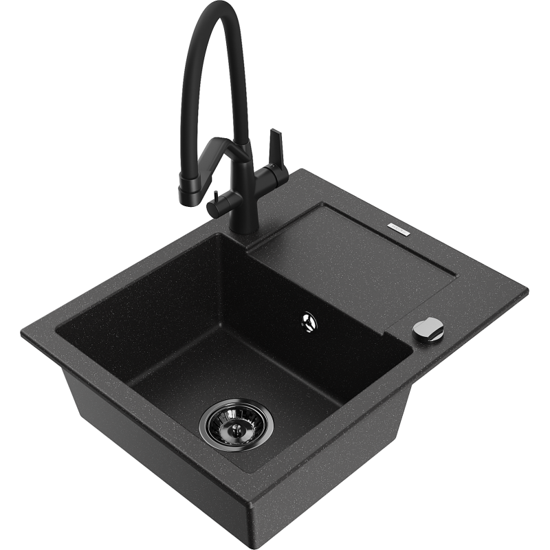 Mexen Enzo zlewozmywak granitowy 1-komorowy z ociekaczem i baterią kuchenną Duo, czarny/srebrny metalik - 6506-73-671701-70-B