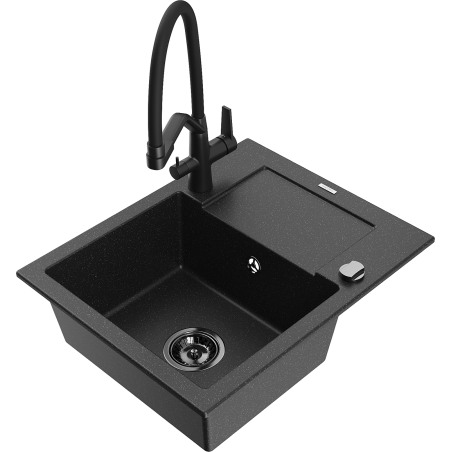 Mexen Enzo zlewozmywak granitowy 1-komorowy z ociekaczem i baterią kuchenną Duo, czarny/srebrny metalik - 6506-73-671701-70-B